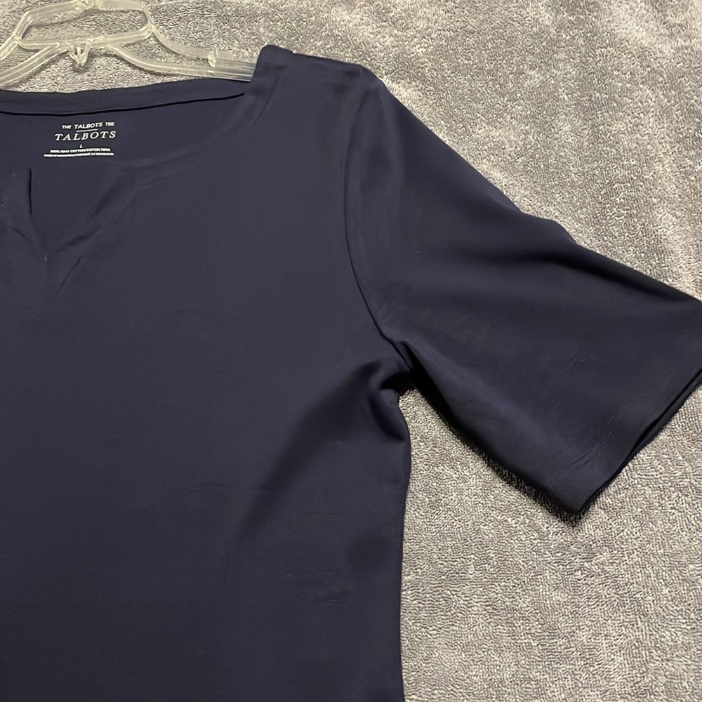 The Talbots Tee Women’s Navy Blue Split V-Neck Top - Pima Cotton, size Large - Picture 2 of 9
